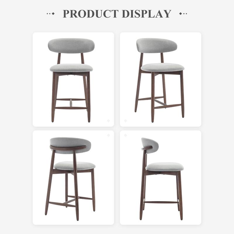 Mid-Century Modern Upholstered Bar Stools with Backrest - Solid Wood Legs Counter Height Stools