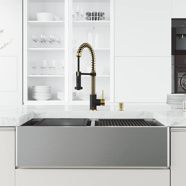 Vigo Edison Pull Down Spray Kitchen Faucet In Matte Brushed Gold Matte Black With Soap Dispenser On Sale Overstock 31459867