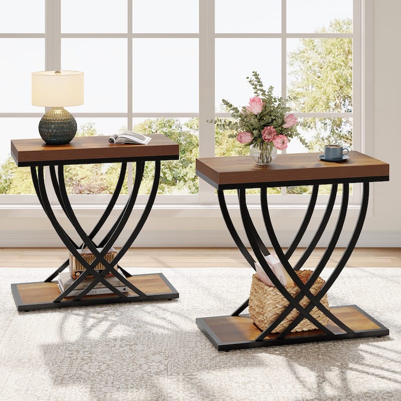 Industrial End Table with Storage, Narrow Small Side Table with Metal Frame - 2Pack-Rustic Brown