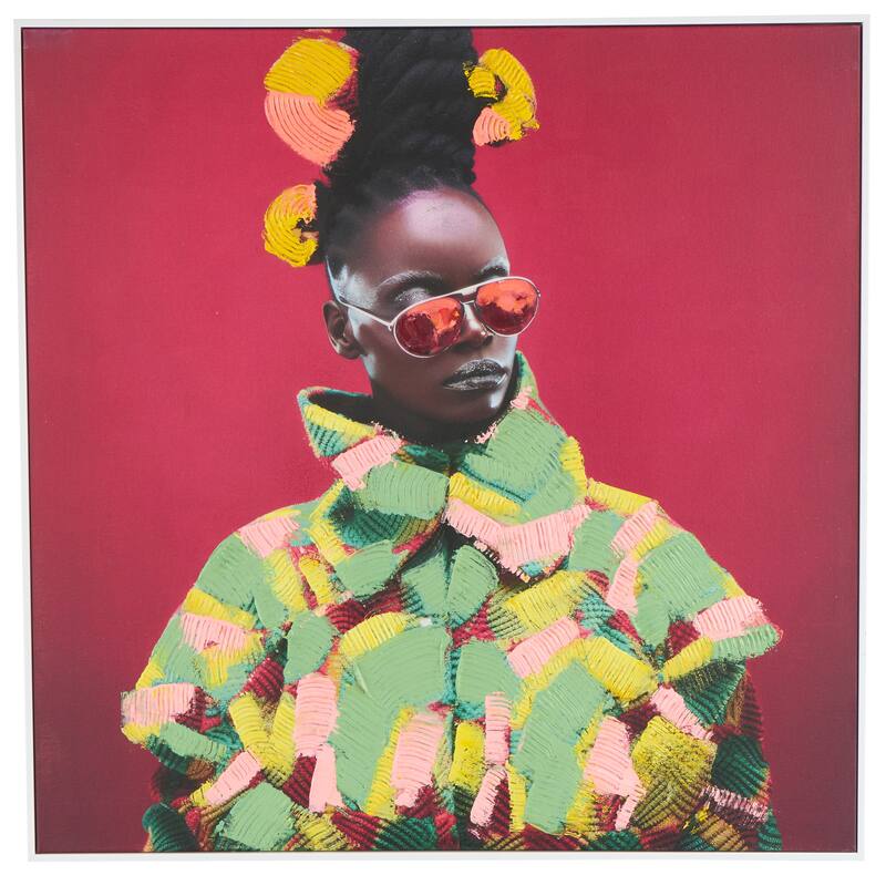 Pink Canvas Chic Woman Living Room Framed Wall Art with Green and Yellow Dresswear
