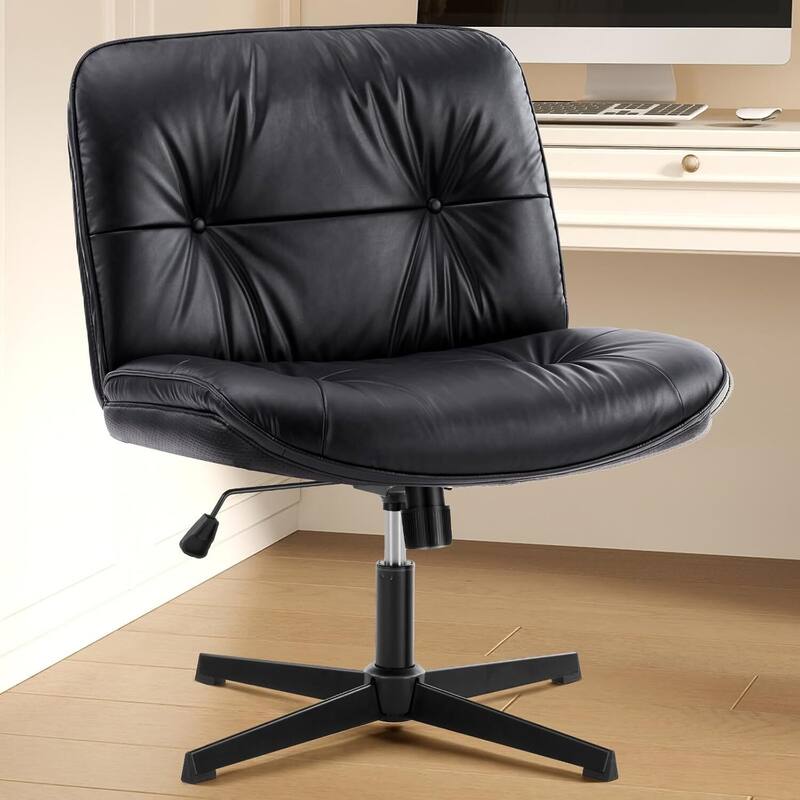 PU Leather Tilt Wide Seat Ergonomic Task Chair with Armless, Criss Cross Legged and No Wheels - Black