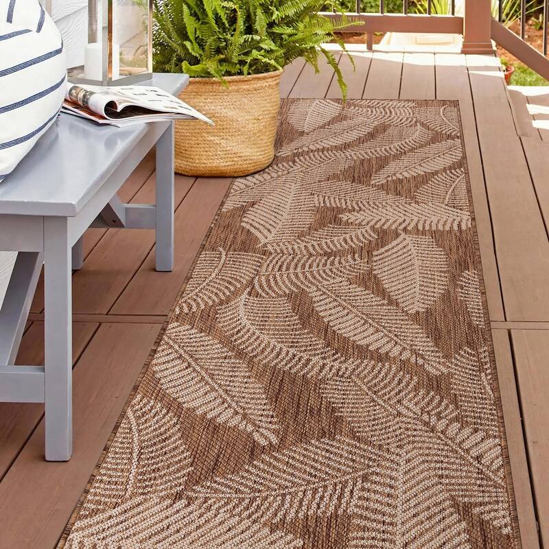 World Rug Gallery Distressed Palm Leaves Textured Flat Weave Indoor/Outdoor Area Rug - 2'x7' Runner - Brown