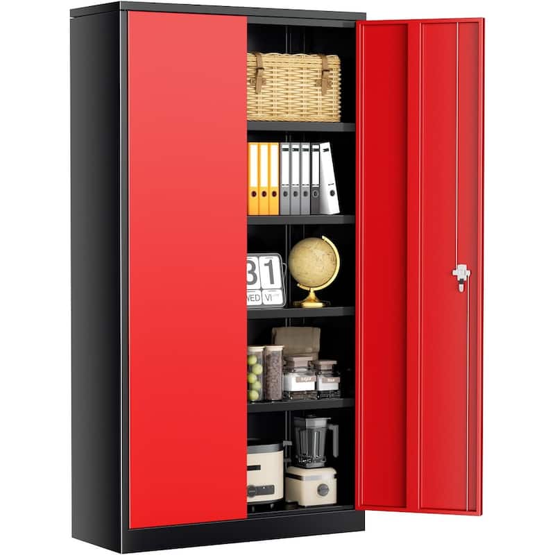 Garage Cabinet Tool Storage Workbenches with Locking Doors and Adjustable Shelves - Black Red