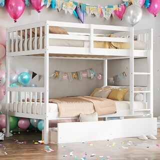 White 2 in 1 Rubber Wood Bunk Bed with 2 Drawers,Twin Over Twin Kids Bed for Home
