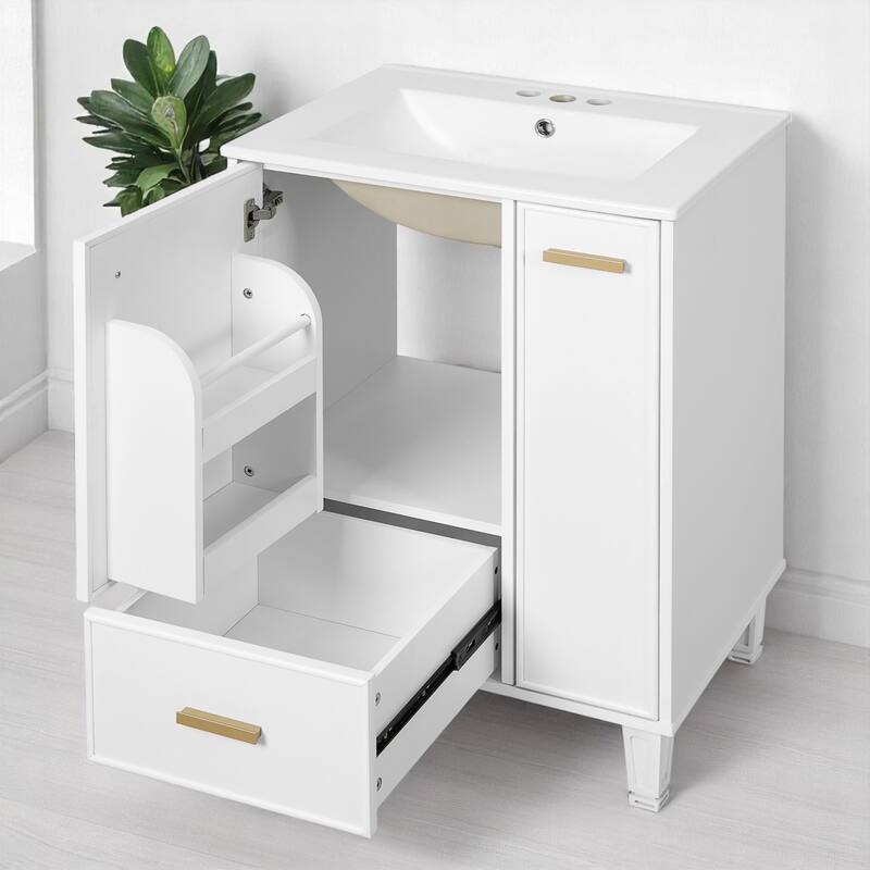 24" Bathroom Vanity with Sink, Freestanding Cabinet with Drawer, Pull-Out Basket & Shelf, Soft-Close Door, Ceramic Basin