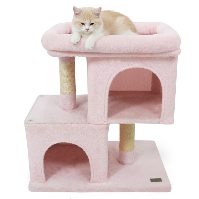 Gymax 25.5'' Cat Tree w/ 2 Large Condo Padded Top Perch Sisal - Pink