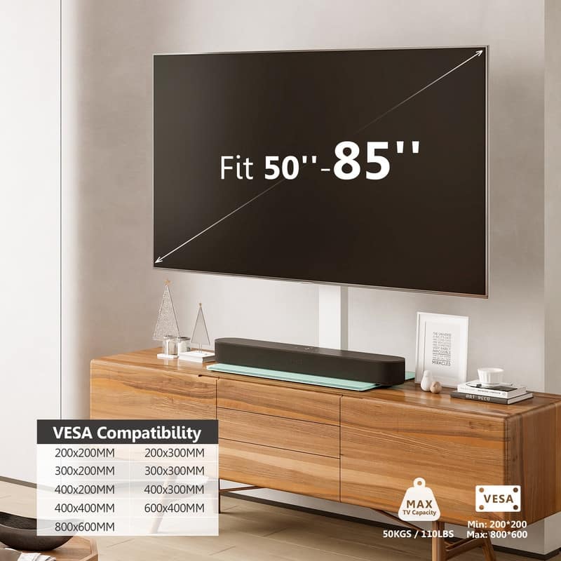FITUEYES Table Top TV Stand for 50-85 Inch TVs Tempered Glass Base Hold up to 110 lbs, White