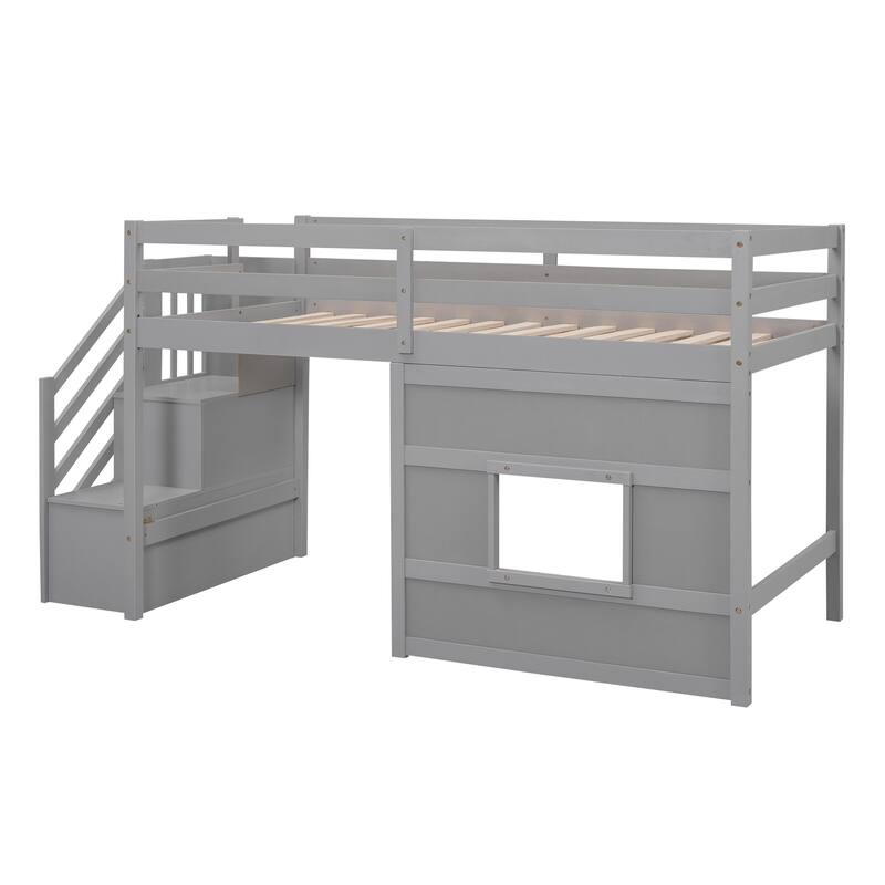 Twin Size Low Loft Bed with Storage Staircase and Window, Wooden Loft Bed Frame with Full Length Guardrail and Slat Support