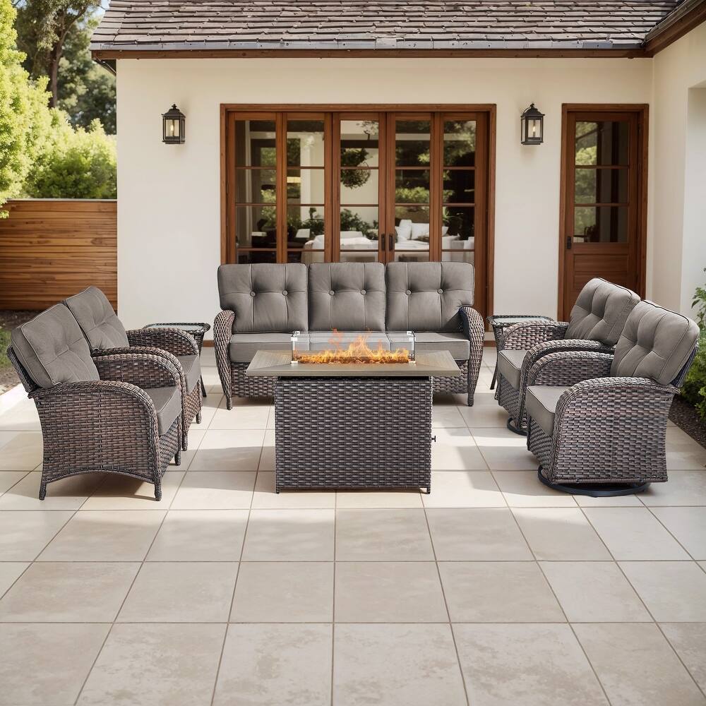 Gymojoy Outdoor Wicker Patio Furniture Sofa Set with 55,000 BTU Fire Pit Table, Swivel Chairs & Thick Cushions