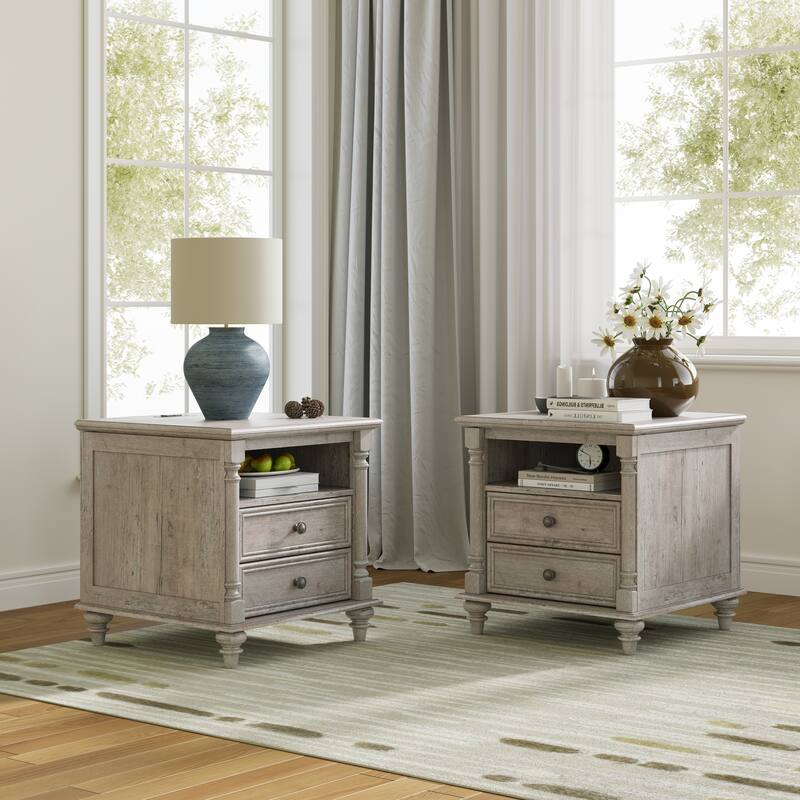 Farmhouse Nightstand Set of 2 with Solid Wood Feet, Charging Station - Light Rustic Oak