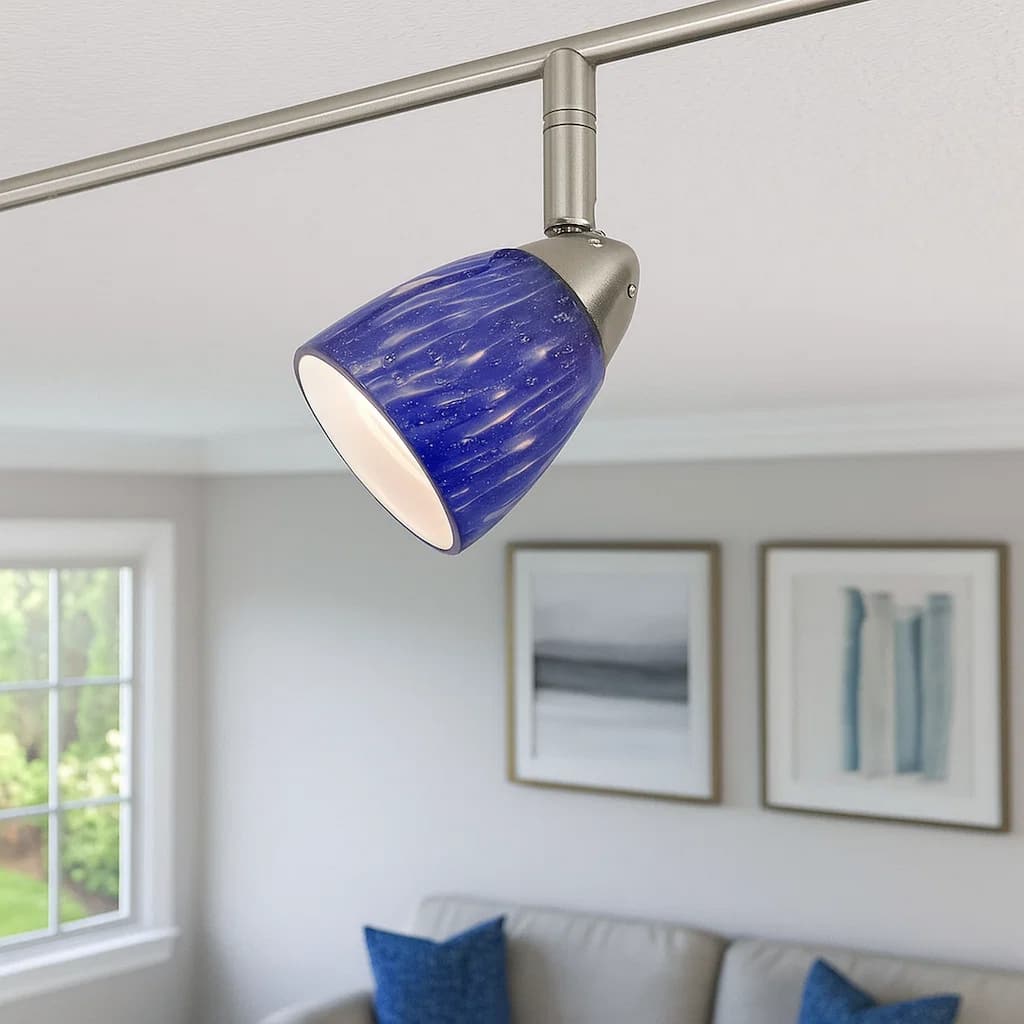 50 Watt Track Fixture with Handblown Glass Shade, Silver and Blue