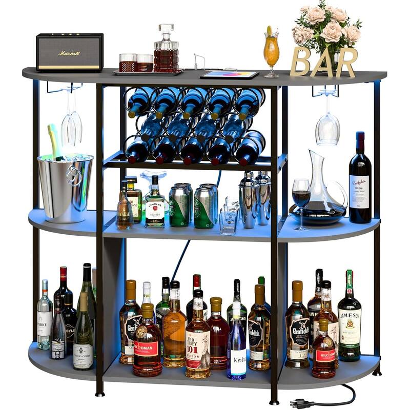 BOSSIN Wine Rack with Power Outlet and LED Lights, Home Bar Table Cabinet for Liquor with Fireplace,4-Tier Storage Glass Holder - Grey - Without fireplace
