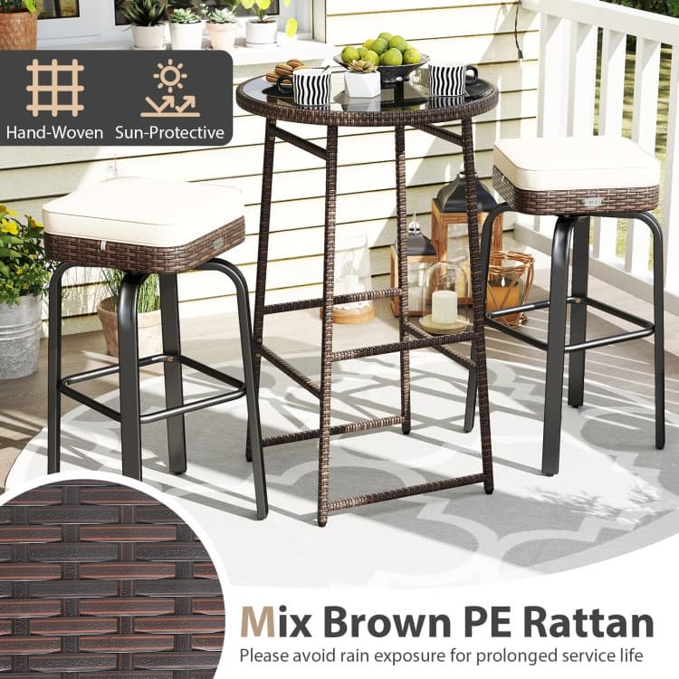 3-Piece Outdoor High Bar Set with Swivel Chairs and Tempered Glass Table Included Cushioned Seats - Table: 25” × 40” (Dia. × H)