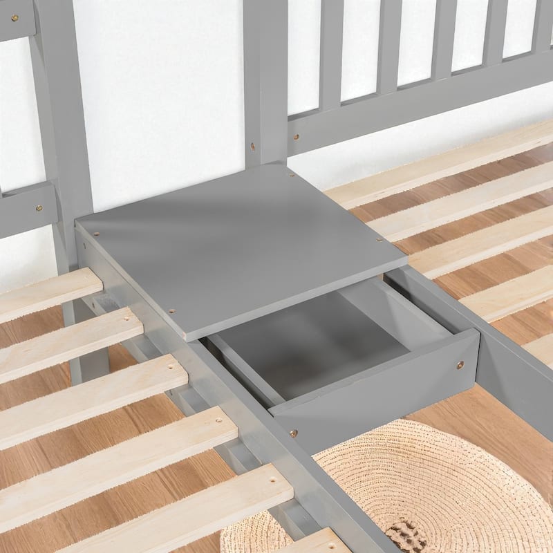 Full Over Twin & Twin Triple Bunk Bed with Drawers, Wooden 3 Beds in 1 with Guardrails and Storage