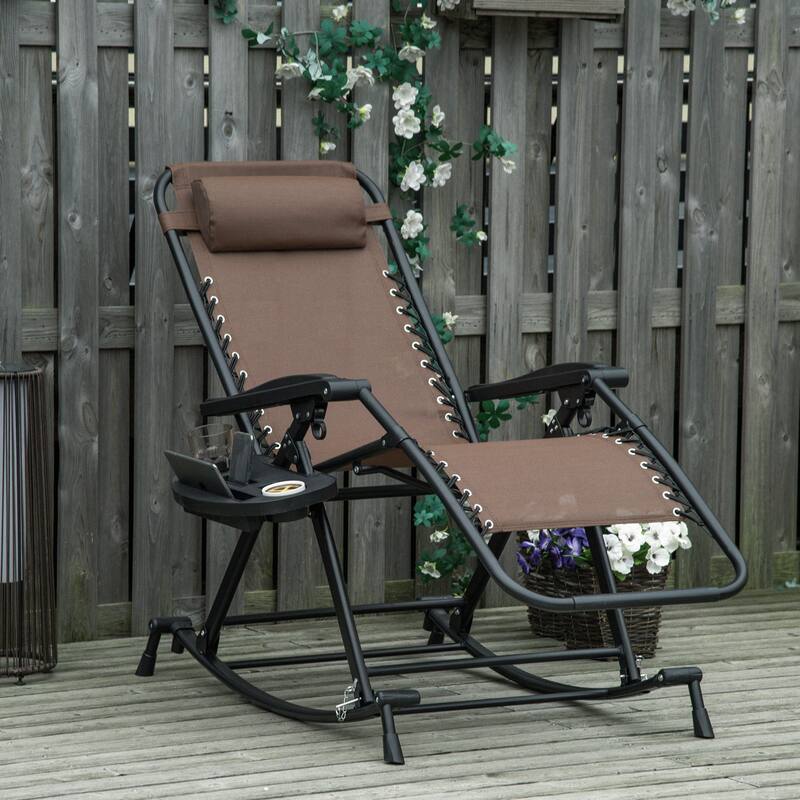 Outdoor Breathable Reclining Rocking Chair, Folding Chaise Lounge Chair with Cup Holder Tray & Footrest