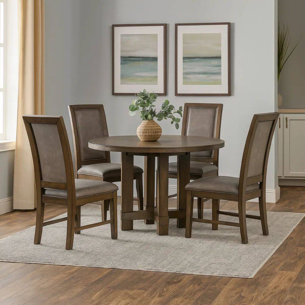 Cora 48 Inch Dining Table, Round Rubberwood Frame, Brown Ash Veneer