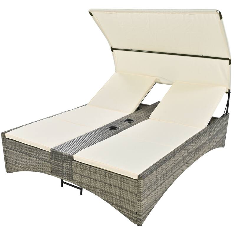 Outdoor Patio Rattan Daybed Sunbed with Canopy and Adjustable Backrest, Storage Box and 2 Cup Holders