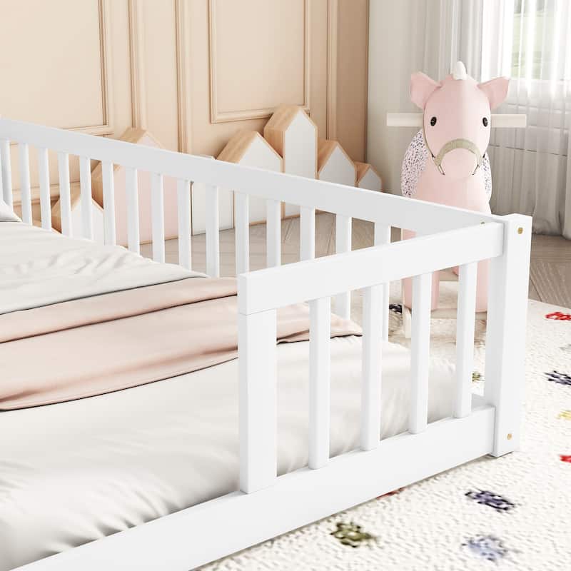 Double Twin Size Pine Wood Floor Bed with Guardrails