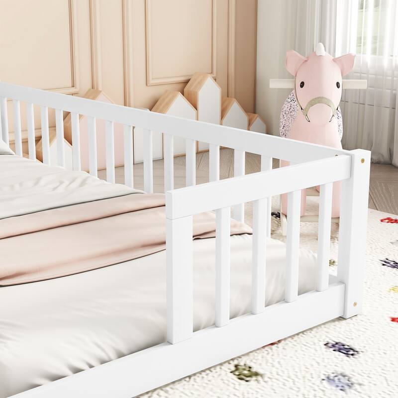 White Double Twin Floor Bed with Fence and Guardrails, No Door