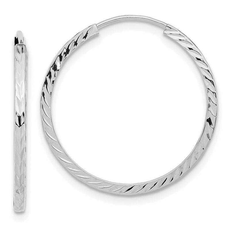 Curata 10k White Gold 1.35mm Diamond cut Square Tube Endless Hoop Earrings - 15mm 17mm 20mm 25mm