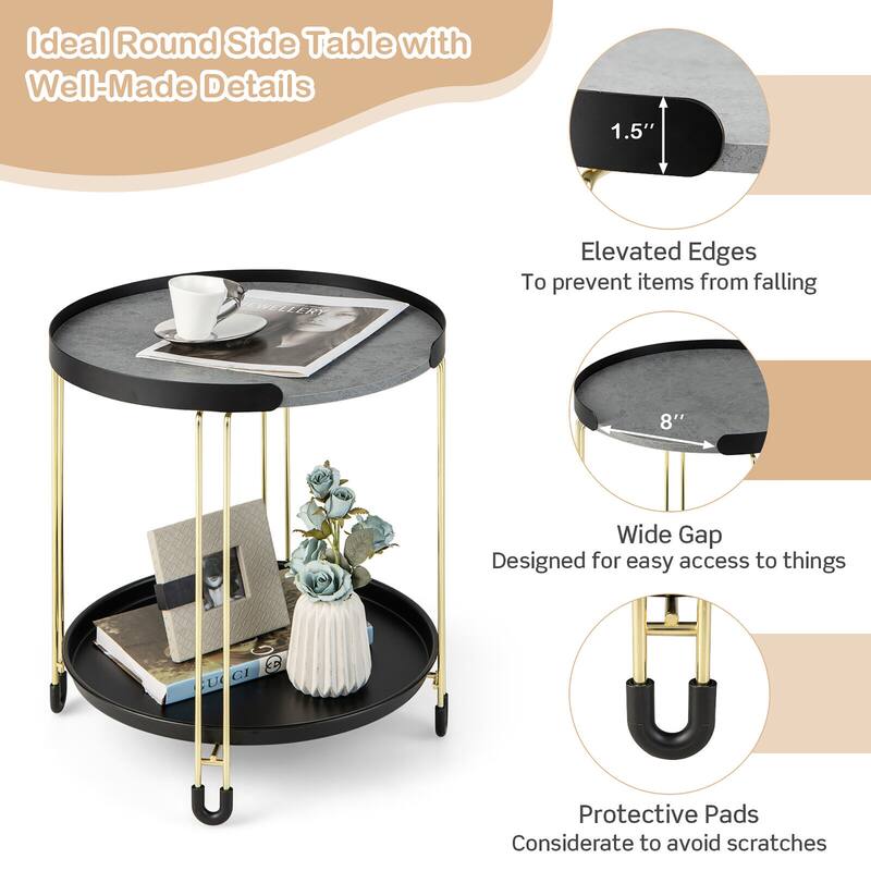 Gymax 2PCS 2-Tier Side End Table Round Nightstand Gold Frame for
