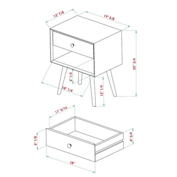dimension image slide 1 of 2, Middlebrook Mid-Century Solid Wood 1-Drawer, 1 Shelf Nightstand