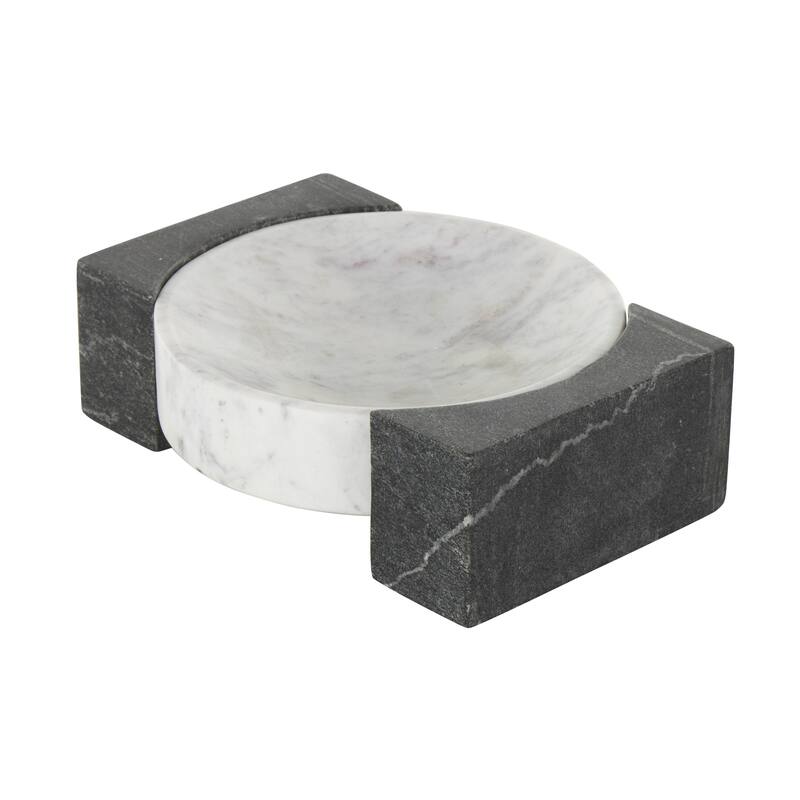 Marble Geometric Round Tray with Black Rectangular Blocks - White - Roche River Decor