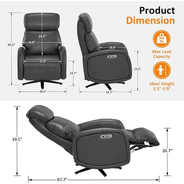 dimension image slide 2 of 3, MCombo Dual Motor Power Recliner Chair for Adults, Modern Faux Leather Electric Swivel Recliner with USB Charging