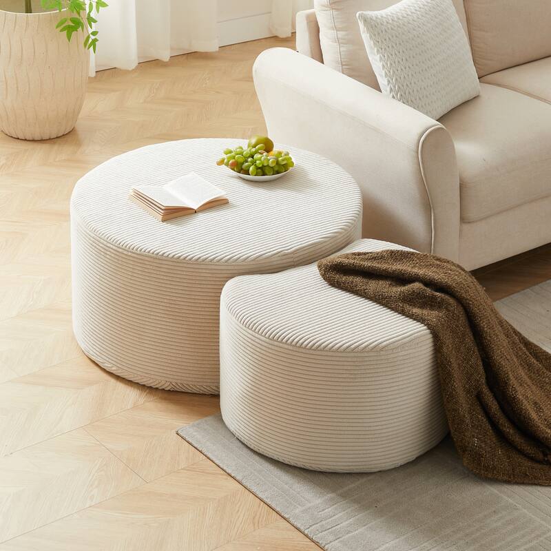 Nesting Coffee Table Set Of 2,Upholstered,Foam Round Coffee Table Side Table End Table Ottoman, No Assembly