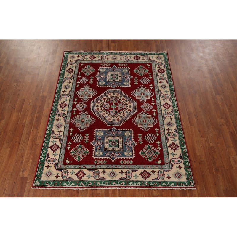 Geometric Red Kazak Area Rug Hand-Knotted Oriental Wool Carpet - 5'0" x 6'3"