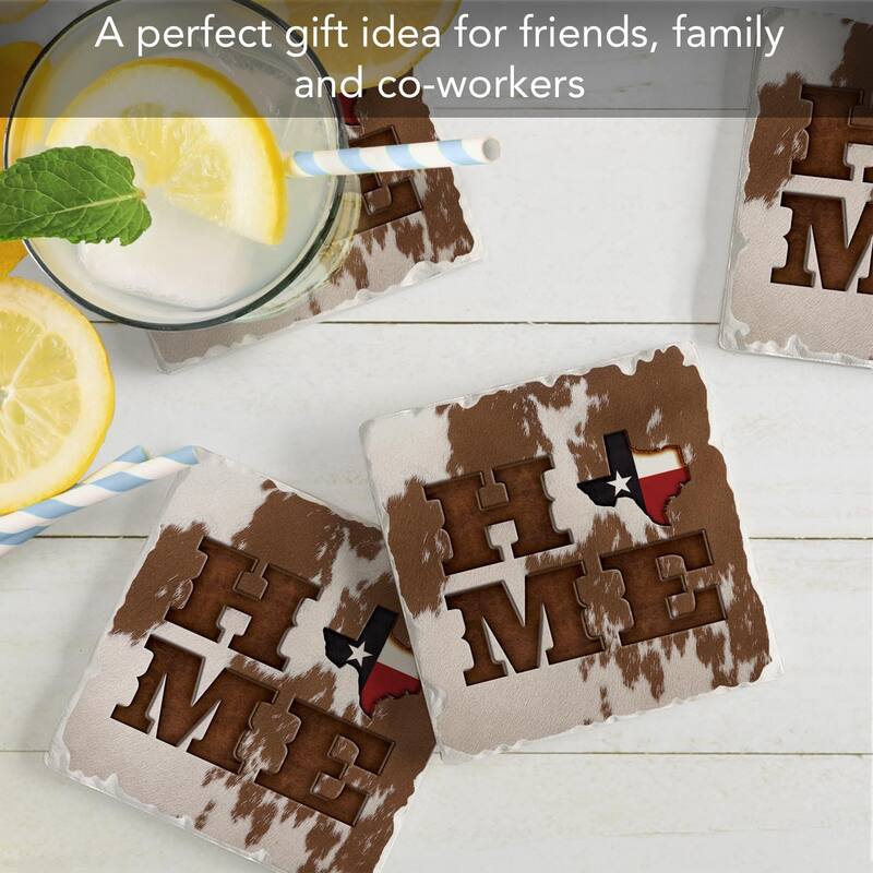 Texas Cowhide Home 4-Pack Tumbled Tile Stone Coasters with Protective Cork Backing Manufactured in The USA