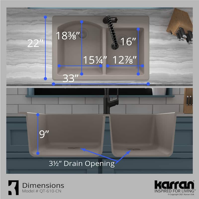 Top Mount 33-inch Large/Small Bowl Quartz Kitchen Sink - 33" x 22" x 9"