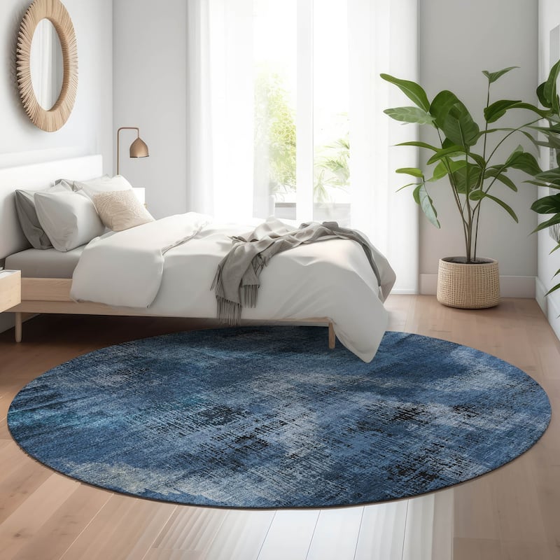 Premium Washable Super Soft Brushstrokes Modern V Mayfield Rug - Blue - 8' x 8' - Round