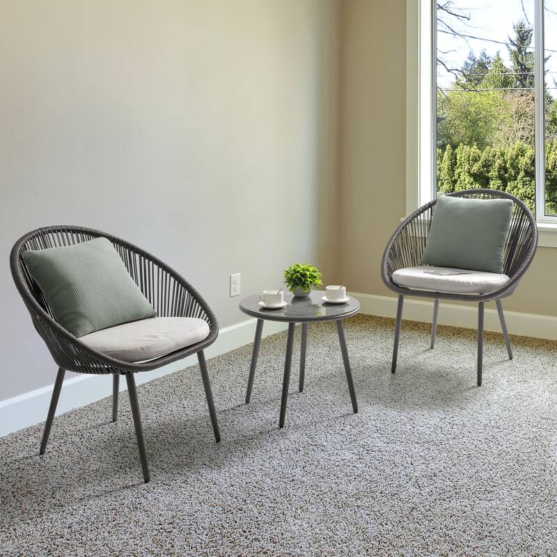Outdoor 3 Pieces Patio Woven Rope Bistro Set with Cushions