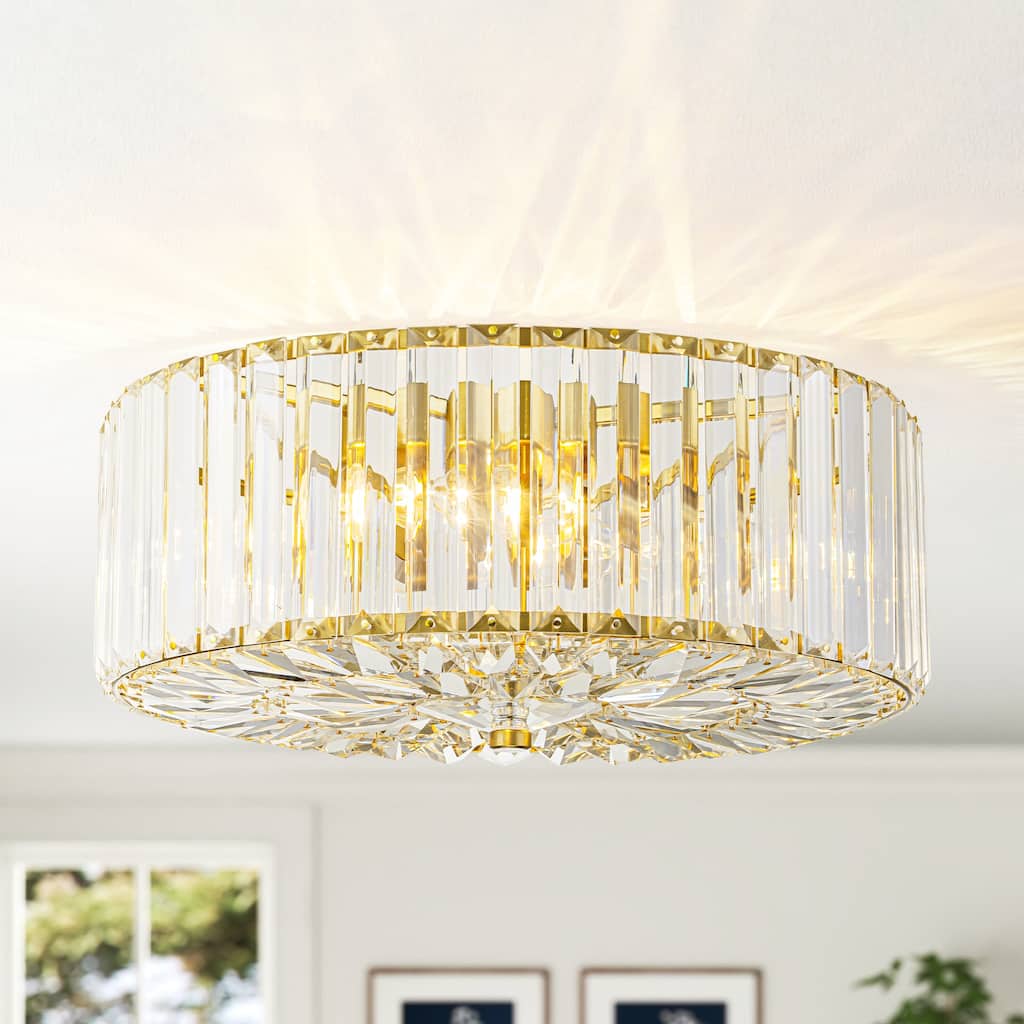 Rennnsan 3-Light Glam Brass Crystal Drum Flush Mount Ceiling Light for Dining Room, Foyer - 13.78 in. W x 5.51 in. H