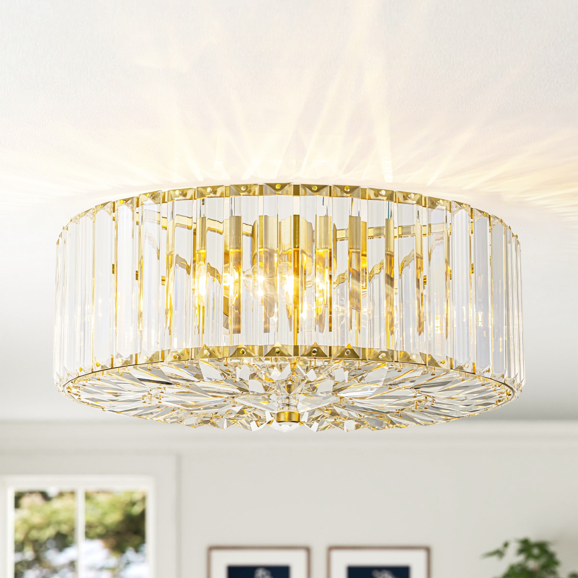 Rennnsan 3-Light Glam Brass Crystal Drum Flush Mount Ceiling Light for Dining Room, Foyer - 13.78 in. W x 5.51 in. H