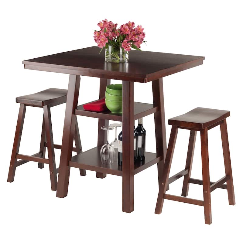 3 Piece Pub Table Set with Wooden Stools and Built In Storage for Small Spaces - 33.8"W x 33.8"D x 36"H