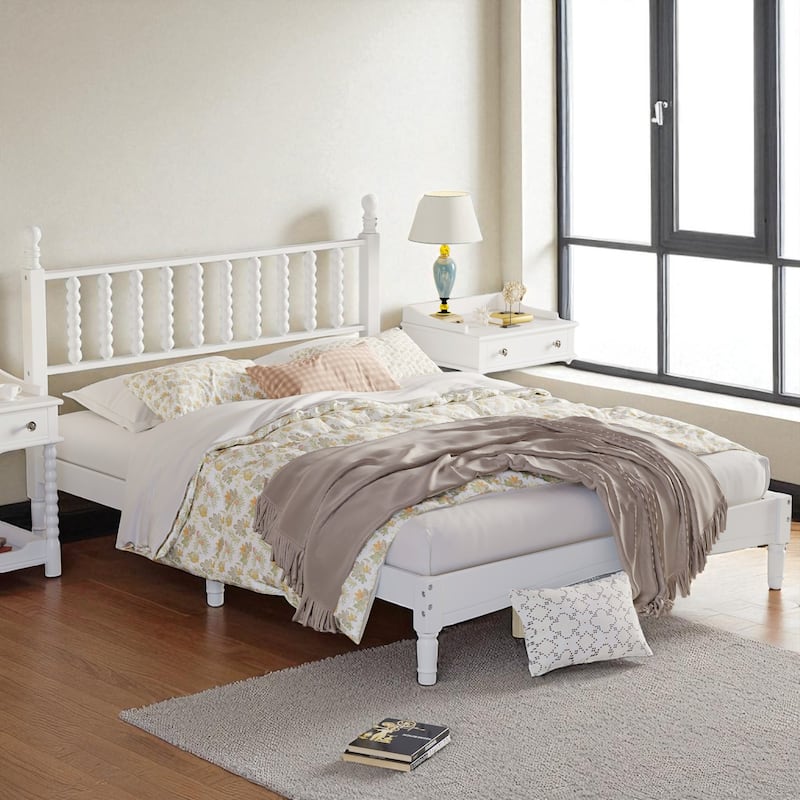 Queen Size Retro Wood Platform Bed with Gourd Shaped Headboard and Wooden Slats