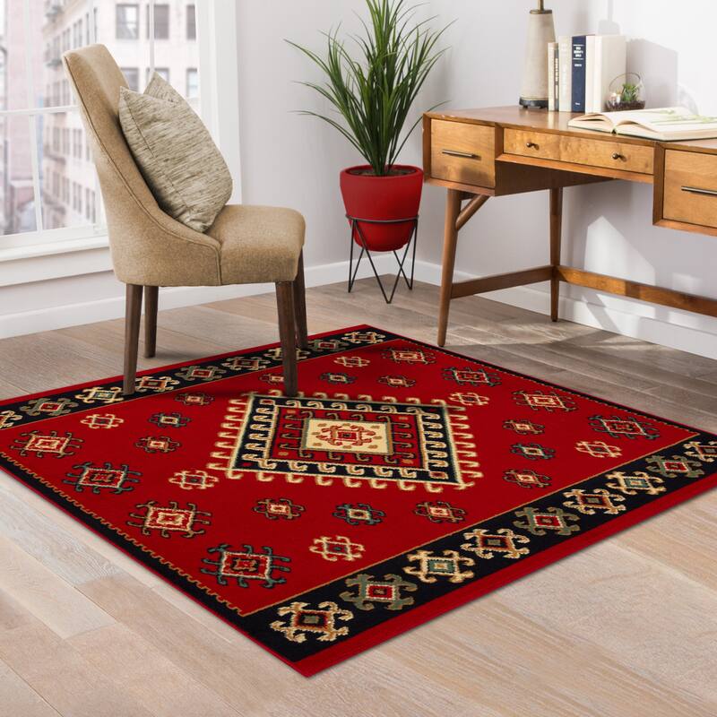 Geometric Bohemian Rustic Power-Loomed Area Rug by Superior - 5' x 5' - Red
