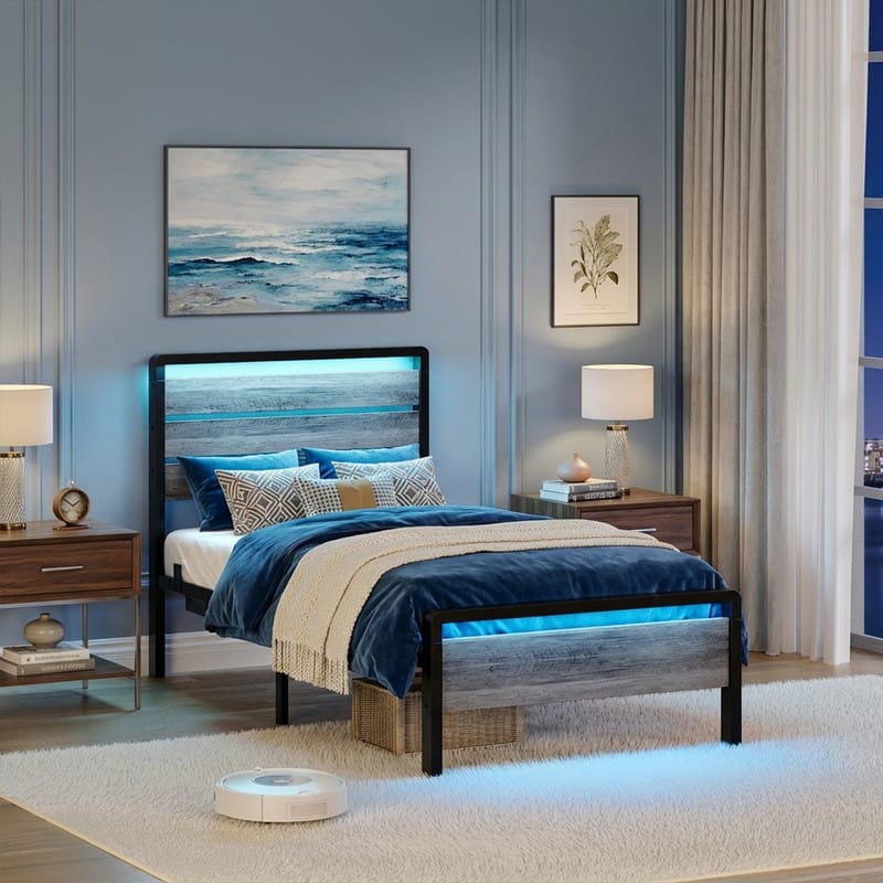 Bed Frame with LED Light and Charging Station, Metal Platform Bed with Wood Headboard