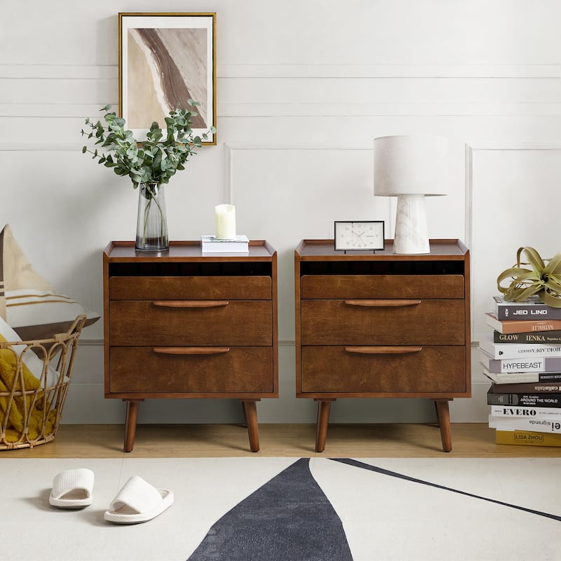 Lisa Mid-Century Modern 3-Drawer Nightstand with Charging Station by HULALA HOME - Walnut-set of 2