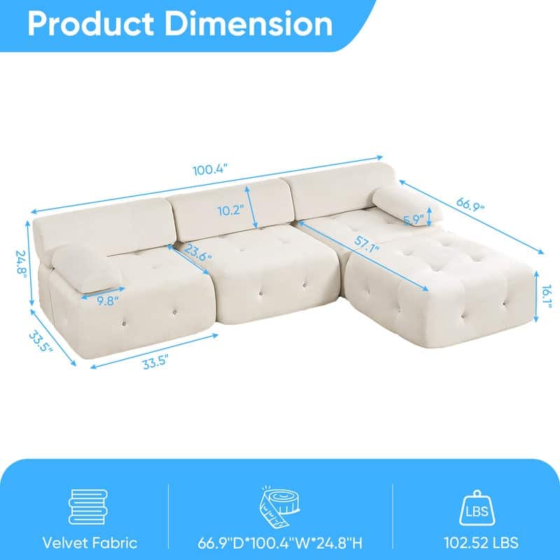 Mixoy 100inch Modular Sectional Sofa with Ottoman,Velvet 3-Seater L-Shaped Couch for Living Room - 100.4"w x 66.9"D x 24.8"H