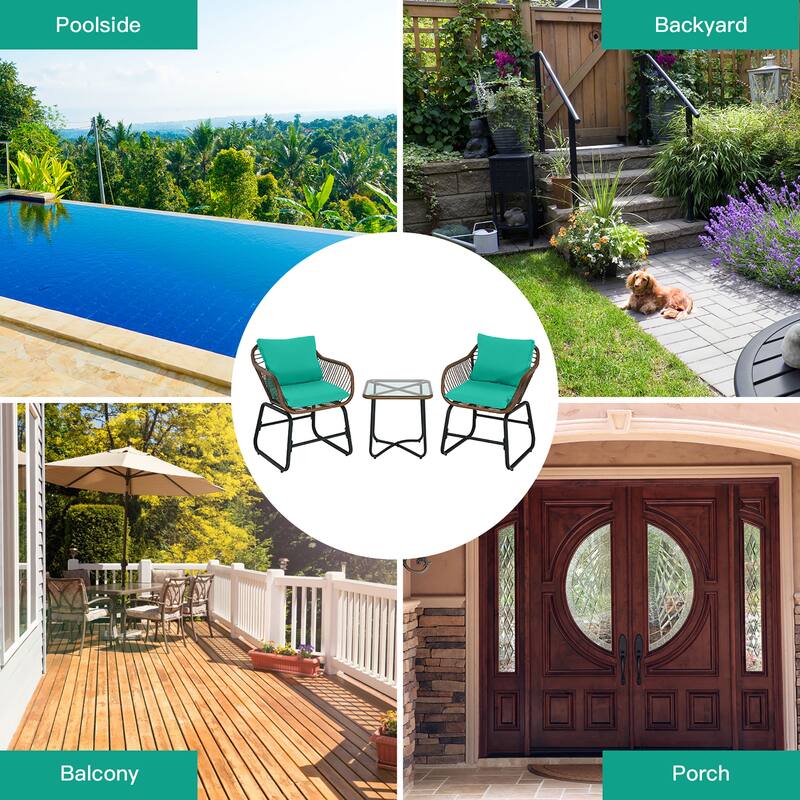 Costway 3PCS Patio Rattan Bistro Set Cushioned Chair Glass Table Deck - See Details