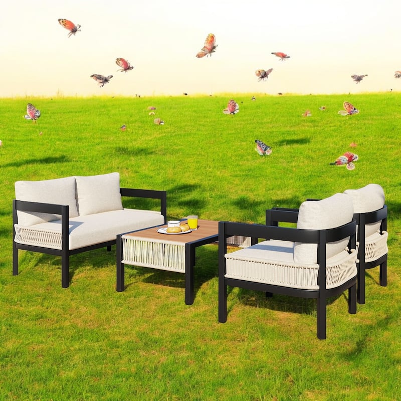Outdoor Iron Sofa Set with Table, Rattan Accents, Waterproof and Rust-Proof - Ideal for Gardens, Patios, and Lawns