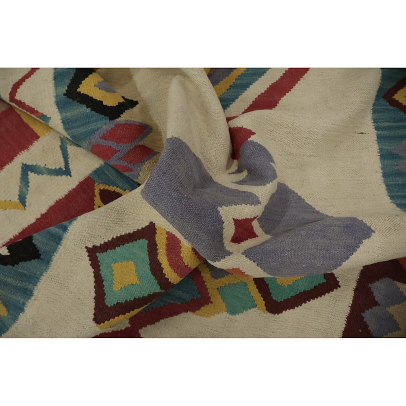 Hand Woven Oriental 100% Wool Carpet Southwestern Modern Beige & Ivories Kilim Area Rug - 12' 0'' X 5' 1''