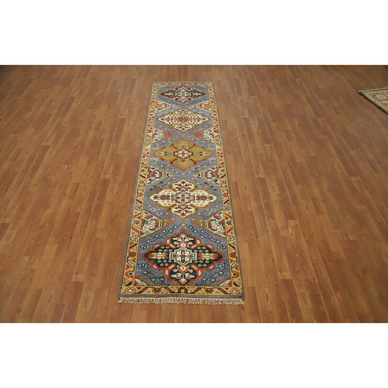 Hand Knotted Oriental 100% Wool Carpet Traditional Geometric Greys & Charcoal Kazak Runner Rug - 9' 9'' X 2' 7''