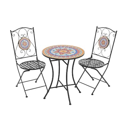 Roomfitters 3-Piece Mosaic Bistro Set, Folding Metal Chairs & Ceramic Tile Table, Outdoor Patio CafeSet, Black Frame