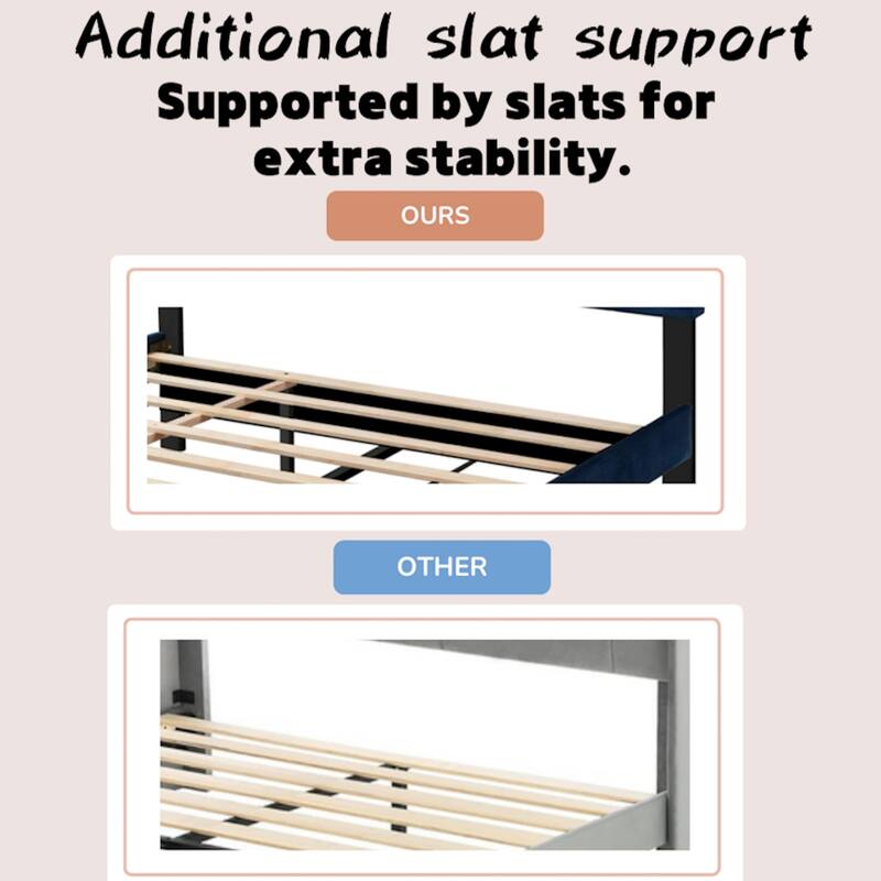 Queen Size Trundle Bed Upholstered Platform Bed Frame with Pull-Out Twin Trundle and Two Storage Drawers, No Box Spring Needed