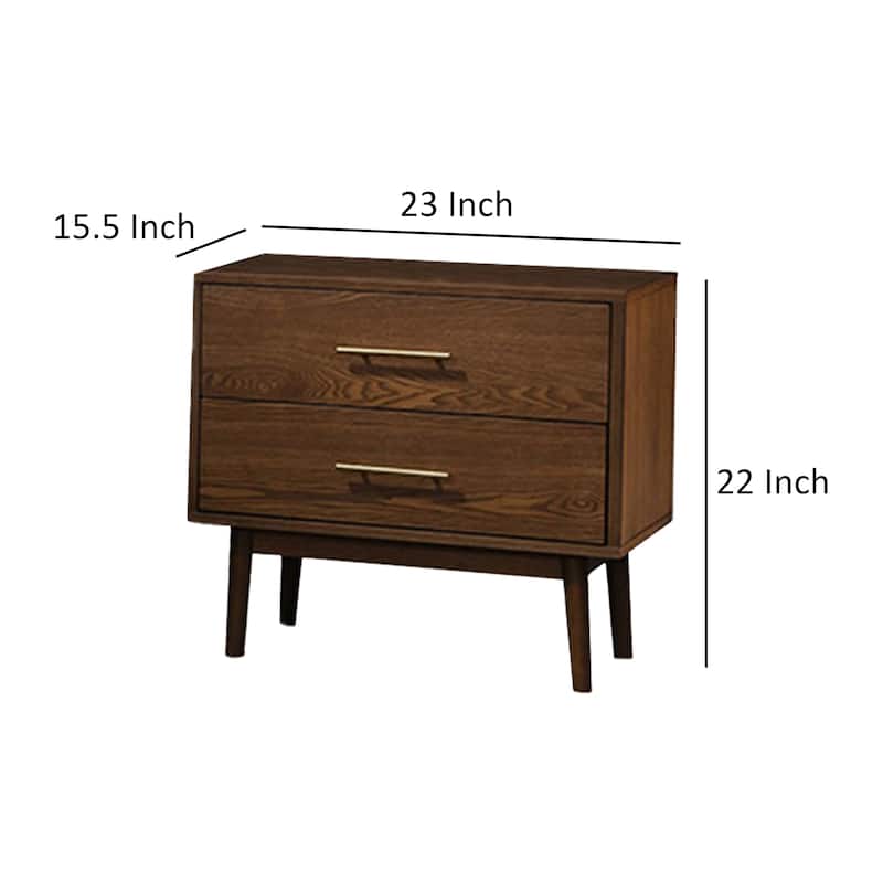 Roma Nightstand, 2 Drawers, Nickel Bar Handles, Walnut Brown Solid Wood