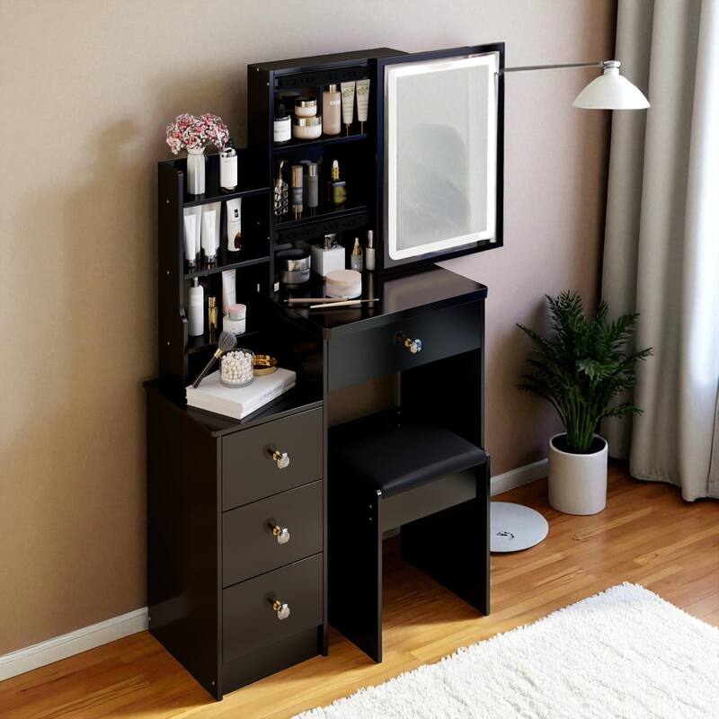 Small Vanity Table with Sliding LED Mirror and Stool, Compact Makeup Desk with Drawer and Storage for Small Spaces